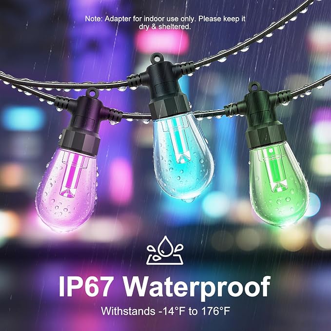 Color Changing Outdoor String Lights 96FT, Waterproof Patio Lights | 2×48FT,30 Dimmable Shatterproof LED Bulbs,Multicolor & Warm White, IP67 Waterproof, Custom Colors,Timer,Replaceable LED Chips
