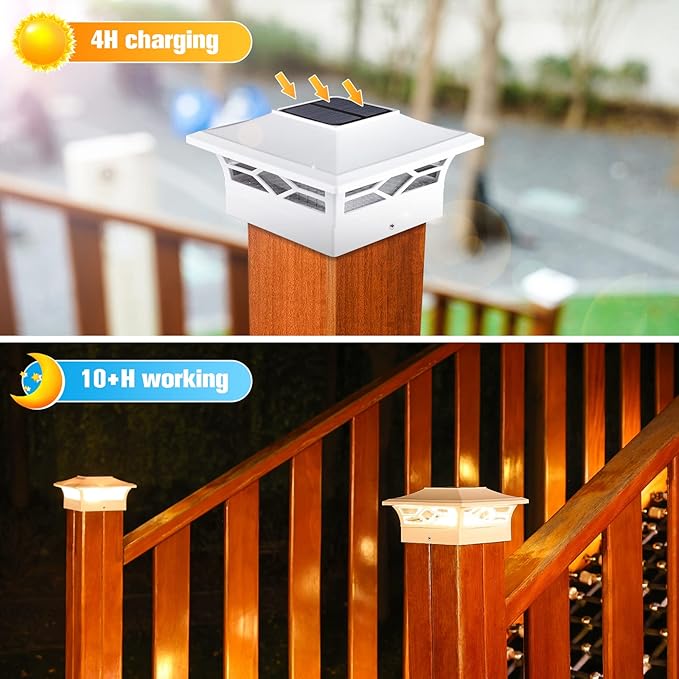 VOLISUN Solar Post Cap Lights: 2 - Pack Outdoor Deck Post Cap Lights White for Dock Fence Waterproof 2 Color Modes,4x4/6x6 Wooden/Vinyl Posts