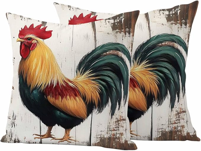 Vintage Rooster Outdoor Waterproof Throw Pillow Covers 20x20 Set of 2, Retro Farmhouse Rooster Watercolor Decorative Pillowcases Cushion Pillowcase for Couch Sofa Patio Outside Pillow Protector