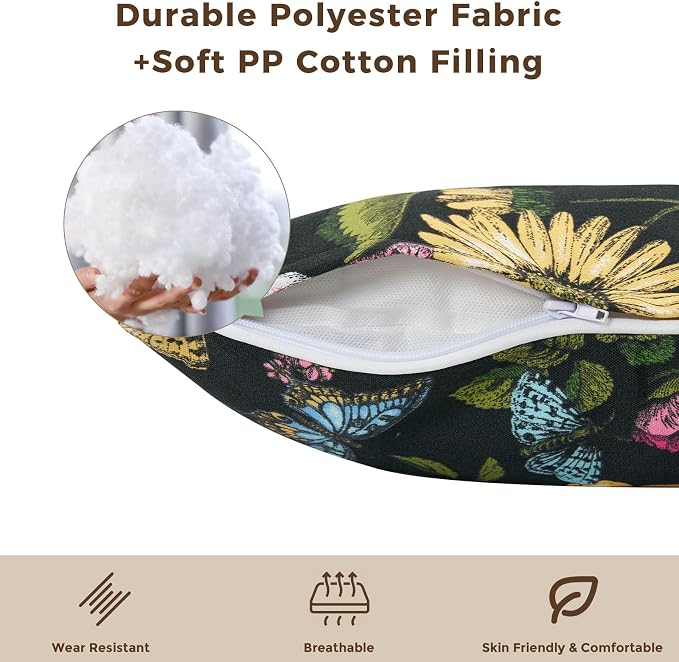 Lumbar Pillow with Insert, Set of 2, Outdoor Indoor Waterproof Decorative Patio Lumbar Pillow 12x20 Inch, Rectangular Cushion for Couch Sofa Garden Farmhouse Decoration-Black Butterfly Flower