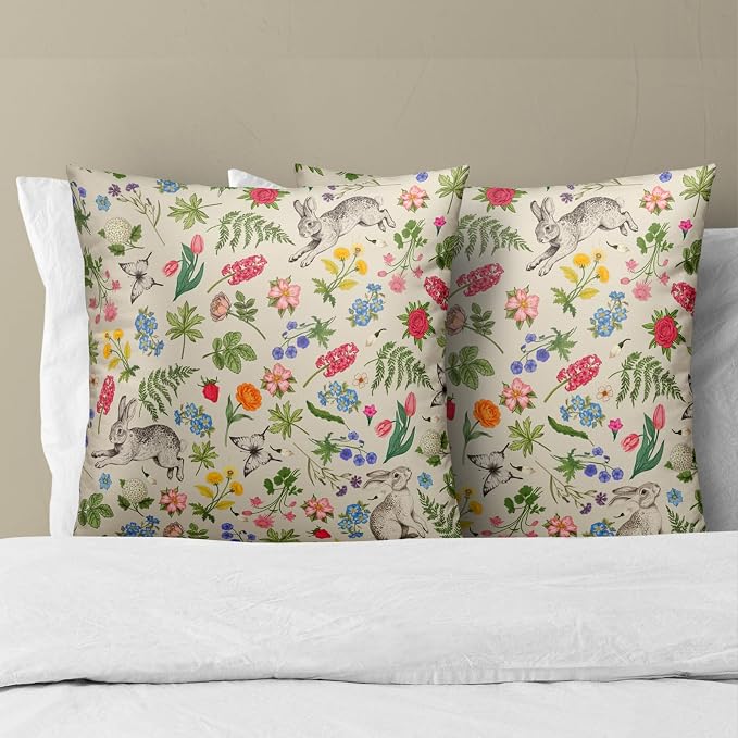 Spring Easter Throw Pillow Covers - Flower Sage Green Leaves Vintage Botanical Plants Pillow Cases Decorative for Rabbit Decor Couch Sofa Bedroom Living Room 16x16 Inch Set of 2
