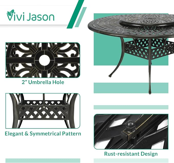 VIVIJASON 9-Piece Patio Furniture Dining Set, Rust-Free Cast Aluminum Outdoor Conversation Set, Include 8 Cushioned Chairs & 61" Round Dining Table with 31" Lazy Susan, Umbrella Hole, Navy Blue