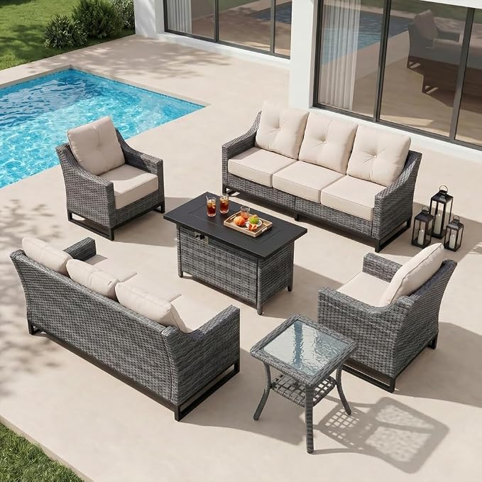 5-Piece Patio Furniture Set, Rattan Wicker Patio Set with Two Outdoor Chairs and Table, Wicker Rattan Outdoor Sofa Set with with Comfy Cushions for for Porch, Garden Poolside Balcon