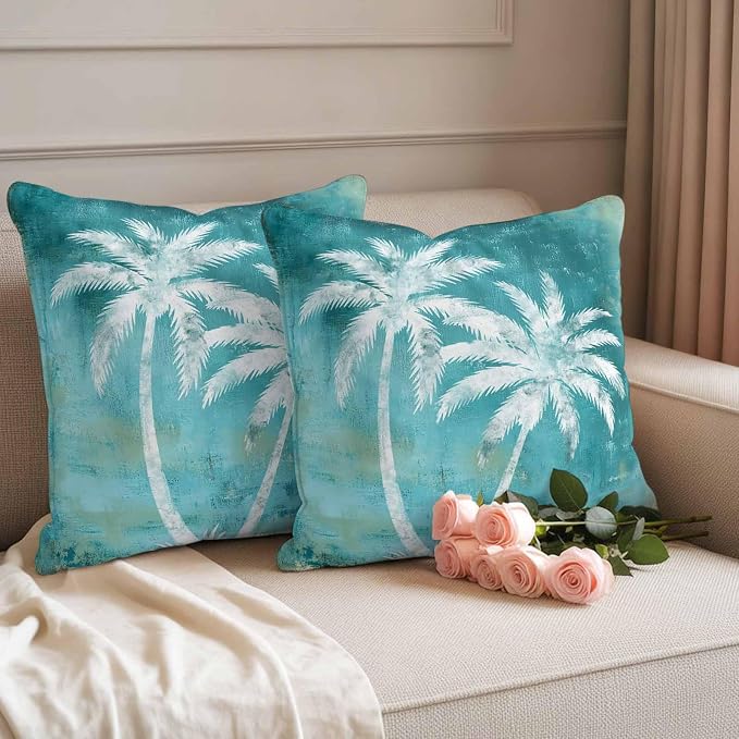 Coastal Beach Tree Teal Outdoor Waterproof Pillow Covers, Tropical Botanical Decorative Square Throw Pillowcase, Palm Tree Vintage Sofa Cushion Sham for Patio/Couch/Chair, 24"x24" 2 Pack