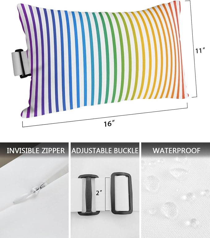 Pack of 2 Outdoor Lumbar Pillow Covers 11x16 Inch, Thin Rainbow Striped Waterproof Throw Pillow Covers Set, Farmhouse Modern Stripes Indoor&Outdoor Decorative Cushion Cases for Patio Porch Car