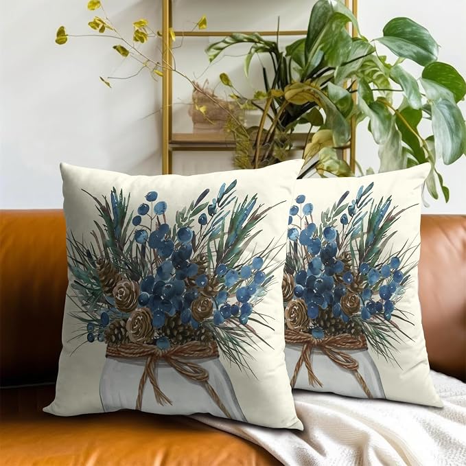 Christmas Throw Pillow Covers 22x22 Set of 2, Natural Winter Cones and Needles Pinecones Mason Jar Decorative Pillowcases Cotton Cushion Cover for Home Room Bed Sofa Couch Chair