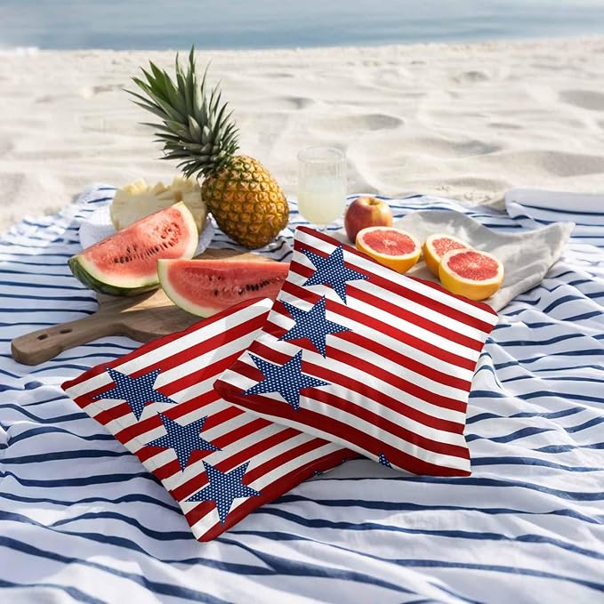 4th of July Outdoor Throw Pillows Covers 20x20 inch Set of 2 Waterproof Patriotic American Flag Zippered Cushion Covers for Patio Furniture, Red White and Blue Stars Stripes Lumbar Pillowcases