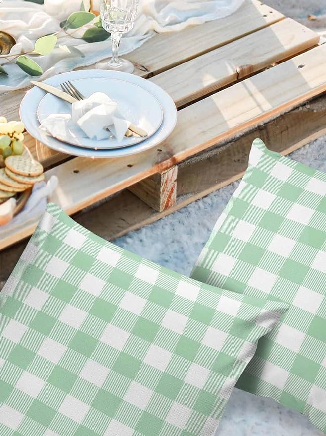 Outdoor Waterproof Throw Pillow Covers Set of 2 Light Green Buffalo Check Plaid Pillowcases 18x18 Inches Farmhouse Style Patio Decorative Pillows Cushion Case Patio Pillows for Couch Bed Chair Garden