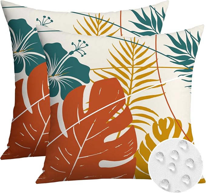 OTOSTAR Outdoor Waterproof Throw Pillow Covers 20x20 Inch Set of 2 Double-Sided Orange Yellow Tropical Leaf and Flower Spring Summer Decorative Pillow Cases for Patio Funiture Garden Balcony Couch