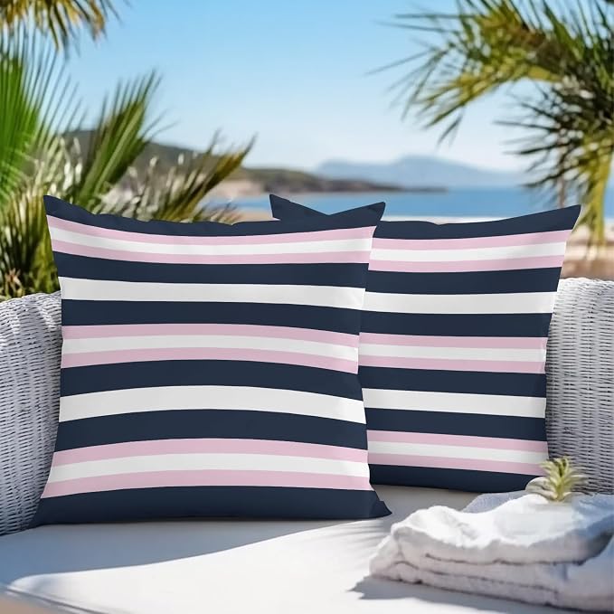 Pink Navy Blue Striped Outdoor Pillow Covers Waterproof, All Weather Cushion Case Set of 2, Minimalist Abstract Lines Artwork Decorative Pillowcases for Sofa Couch Bed Decor Patio Furniture 16"x16"