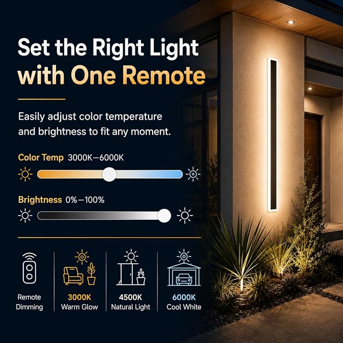 23.6" Outdoor Wall Lights, 2-Pack Remote Dimmable Sconces | Adjust 3000K–6000K lighting by remote for a modern garage, patio, porch or front door upgrade
