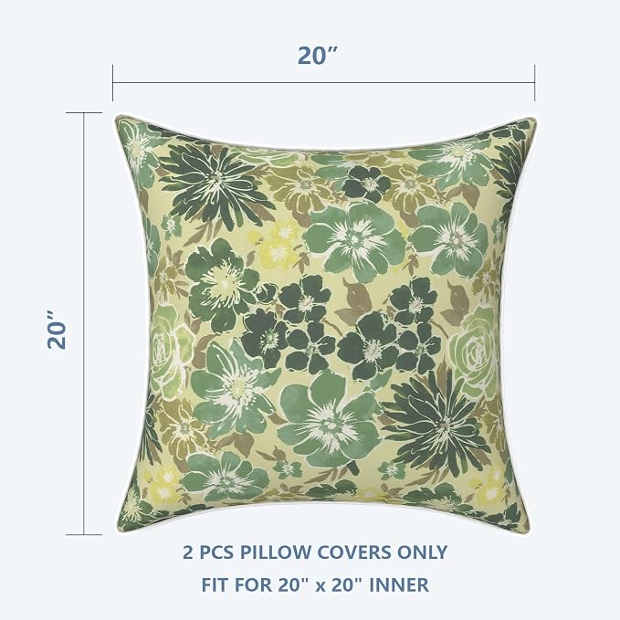 LVTXIII Outdoor/Indoor Pillow Covers, Patio Fade Resistant Throw Pillow Covers ONLY, Waterproof Farmhouse Accent Cushion Cases for Sofa Patio Couch Decoration 20"x20" Set of 2, Green Rose