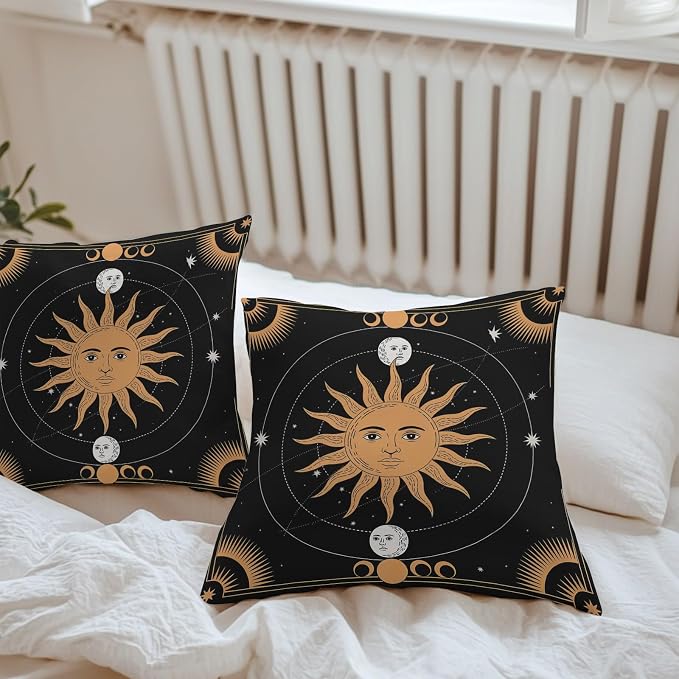 Celestial Sun and Moon Waterproof Outdoor Pillow Covers Set of 2 Home Decor, Black Sky Gold Star Boho Pillowcase Patio Pillow Covers for Couch Bench Patio Furniture Garden 18x18in