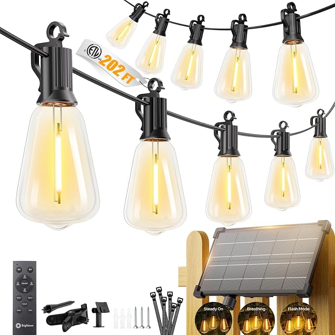 Brightown 202FT Solar String Lights Outdoor Waterproof, 26Hrs Runtime | 65+2 LED Bulbs, USB & Solar Powered, Remote Control & Dimmable Timer, Ideal for Backyard, Garden, Camping & Party Decor