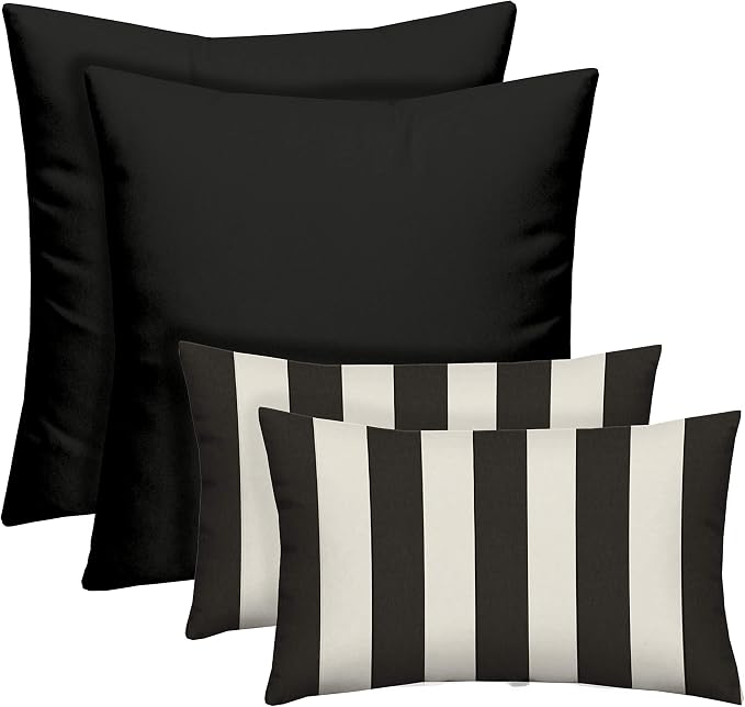 RSH DECOR Set of 4 Square and Lumbar Accent Pillows | Indoor/Outdoor All Weather Polyester Fabric | Reversible | 17"x 17"& 20" x 12" | Black + Black & White Stripe
