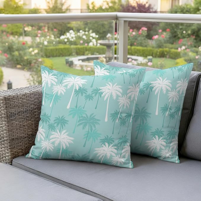 Throw Pillow Covers 24x24 Inch Set of 2, Tropical Palm Tree Waterproof Outdoor Pillow Covers, Turquoise White Plants Coastal Leaf Beach Decorative Cushion Pillowcases for Patio, Garden, Couch, Sofa