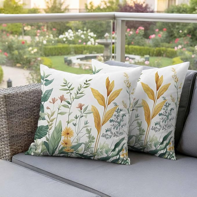 Outdoor Pillow Covers 24x24 Set of 2, Yellow Green Botanical Waterproof Patio Throw Pillow Covers for Couch Sofa Chair, Rustic Watercolor Leaves Decorative Pillowcases for Throw Pillows