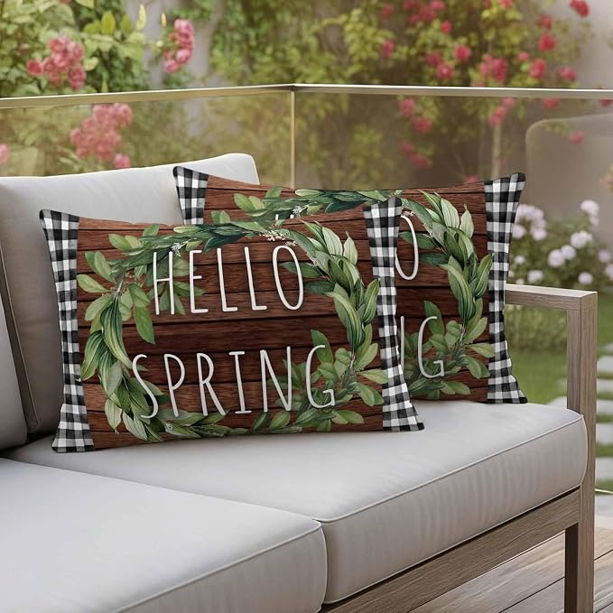 Hello Spring Outdoor Pillow Covers Pack of 2 Green Leaf Plant Black Plaid Brown Wood Grain Waterproof Throw Pillow Covers Decorative Cushion Cases for Patio Garden Tent Balcony Couch 20x12 inch