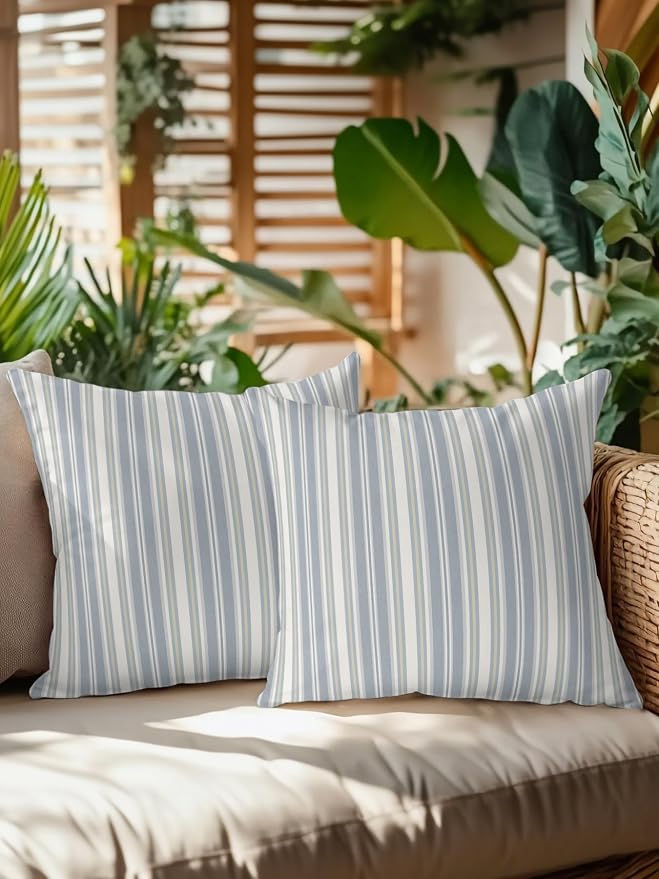 Waterproof Outdoor Pillow Set of 2 Blue Stripes Decorative Throw Pillows Cover & Insert 18x18 Inch Pillowcase White Lines Lines Square Pillows for Couch Sofa Bed Patio Furniture Indoor Outdoor