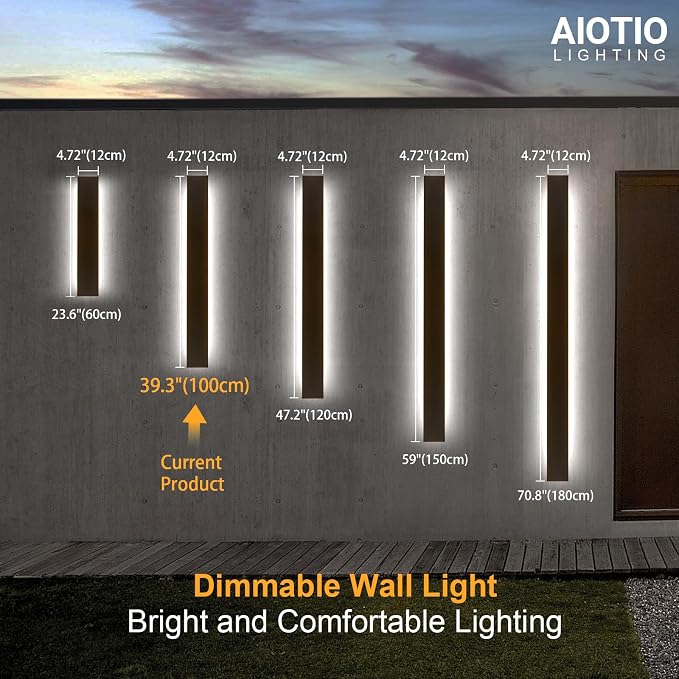 39.3in 2pcs Modern Outdoor Wall Light for House,AioTio Black Upgraded 4.72in Wide Dimmable Waterproof IP65 Porch Lights Wall Sconce,Long LED Linear Outside Exterior Lighting Fixtures for Garage,Patio