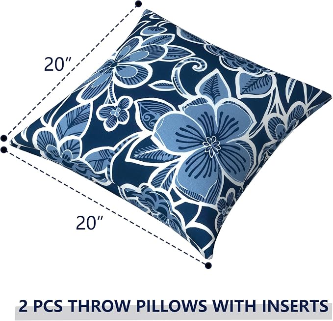 Outdoor Pillows for Patio Furniture 20x20 inch, Square Outdoor Throw Pillows with Inserts, Decorative Patio Pillows for Garden Couch Home Sofa Office Chair, Pack of 2,Flower Navy