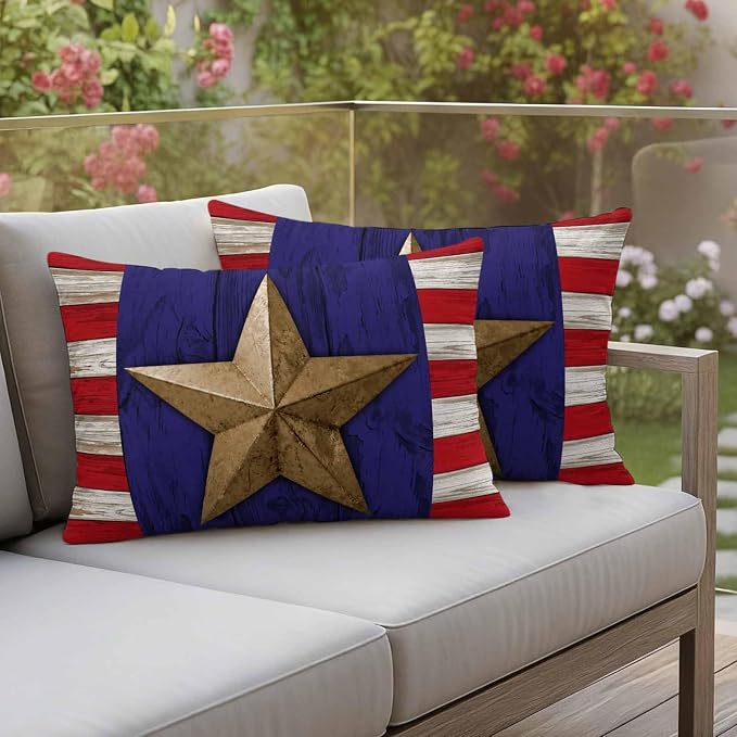 4th of July Outdoor Throw Pillows Covers 20x12 inch Set of 2 Waterproof Patriotic Stars Stripes Decorative Zippered Cushion Covers for Patio Furniture, Red White Blue Wood Grain Lumbar Pillowcases
