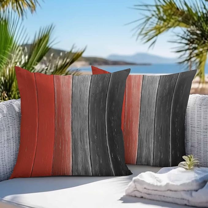 Throw Pillow Covers 24x24 Inch Set of 2, Red Black Ombre Waterproof Outdoor Cushion Covers, Vintage Farmhouse Wooden Decorative Pillowcases for Couch, Sofa, Bed, Garden, Patio