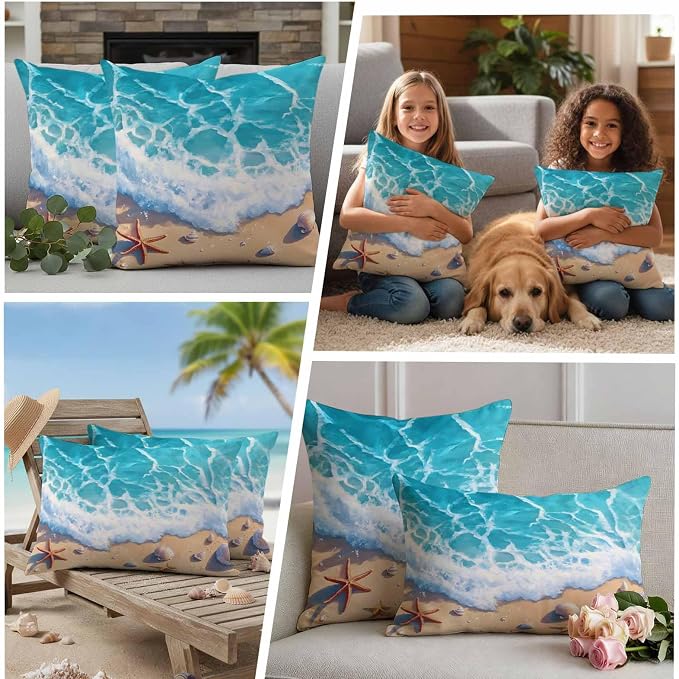 Ocean Beach Waterproof Outdoor Pillow Covers Set of 2 Home Decor, Coastal Nautical Starfish Shells Sea Waves Pillowcase Patio Pillow Covers for Couch Bench Furniture Garden 16x16in