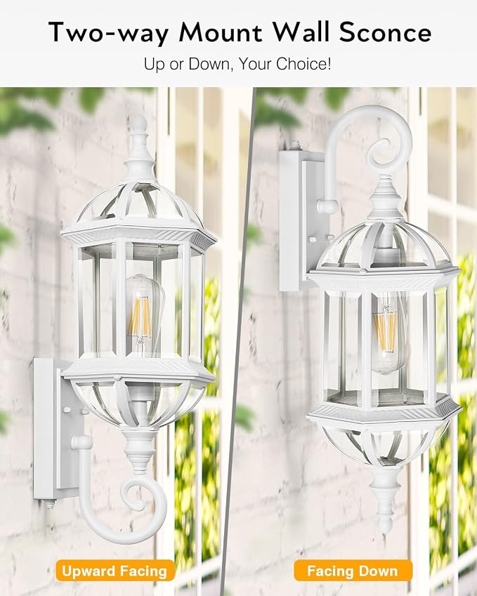 VIANIS Dusk to Dawn Porch Lights Outdoor, Classic White Outdoor Wall Lights, Anti-Rust Outside Lights for House with Tempered Beveled Glass, Waterproof Exterior Lighting Fixtures for House, Entryway