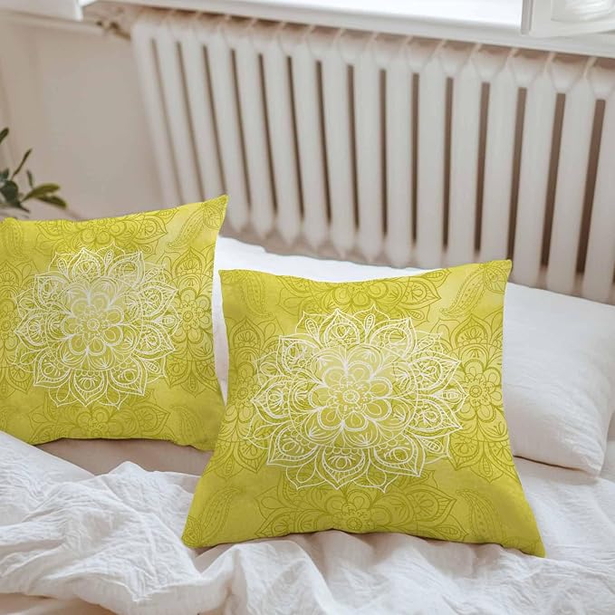 Vandarllin Outdoor Throw Pillows Covers 18x18 inch Set of 2 Waterproof Yellow Boho Floral Decorative Zippered Cushion Covers for Patio Furniture, Bohemian Flower Lumbar Pillowcases