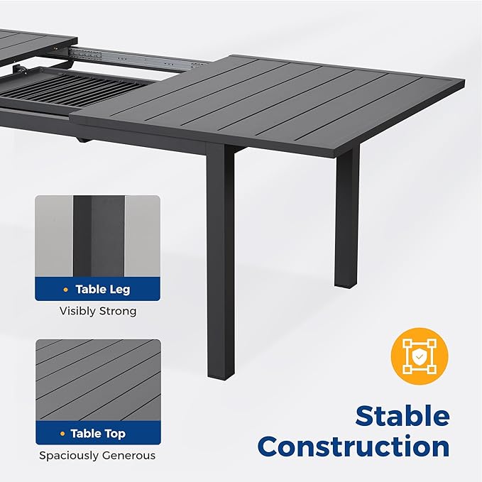 RoyalCraft Expandable Aluminum Outdoor Dining Table, 2-Adjustable Lengths Patio Dining Table for 6-10 Person, 91.33" L x 39.37" W Metal Patio Table with Adjustable Feet for Deck Garden Porch, Grey