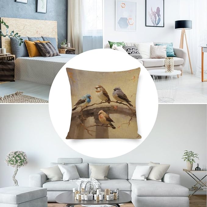 Throw Pillow Cases Colorful Birds are Sitting on A Branch Pillowcase 20"x20" Oil Painting Cute Birds are Standing on The Branch Linen Cushion Case Outdoor Home Decoration for Couch Sofa Bed