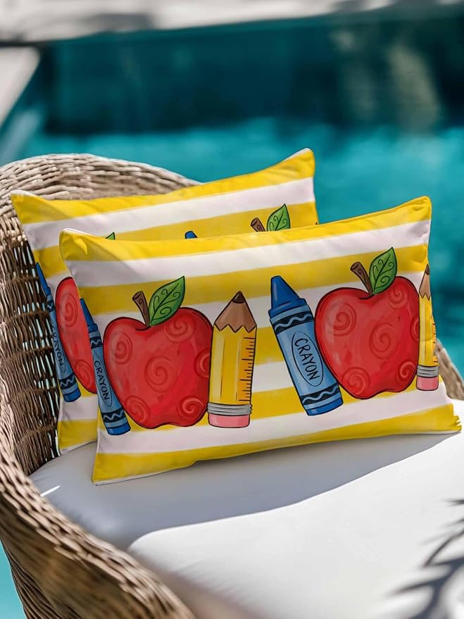 1 Pack Outdoor Throw Pillow, Children's Day Waterproof Pillow with Insert Included, Funny Cartoon Pencil Yellow Striped Decorative Accent Cushion Lumbar Pillows for Patio Porch, 12 x 20 in
