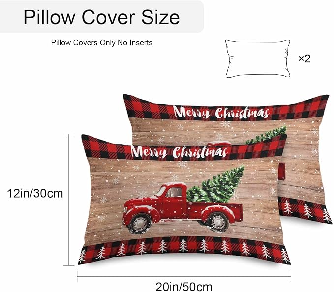 YOKOU Outdoor Throw Pillow Covers, Merry Christmas Truck Tree Vintage Board Wood Grain Buffalo Check Waterproof Pillowcases Cushion Covers Cases for Patio Couch Bench, Pack of 2 Rectangle, 20"X12"