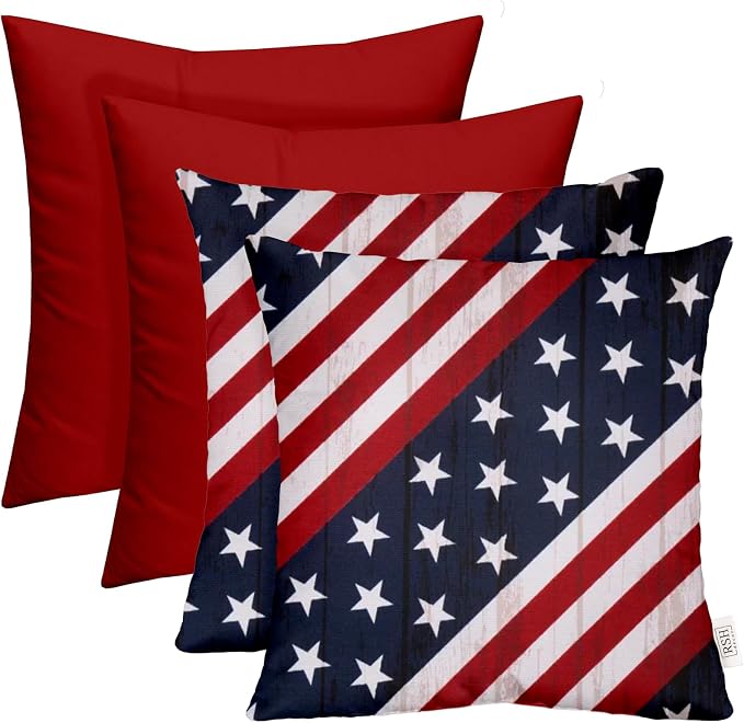 RSH DECOR Square Throw Pillows Set of 4, 17" x 17", Outdoor Pillows Waterproof, Outdoor Pillow Covers, Pillow Covers for Couch, Rustic Americana & Solid Red Made in USA