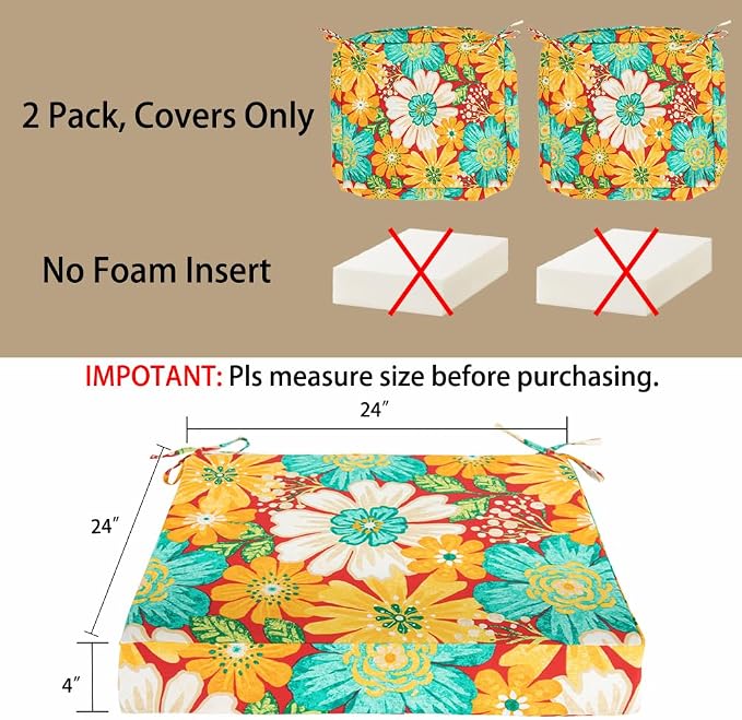 Magpie Fabrics Indoor Outdoor Cushion Cover Replacement 2 Pack, NO Insert! Water Repellent Slipcover with Ties Decor for Patio Garden Chair Sofa Bench Wicker(Embry Red Hibiscus, 24x24x4 Inch)