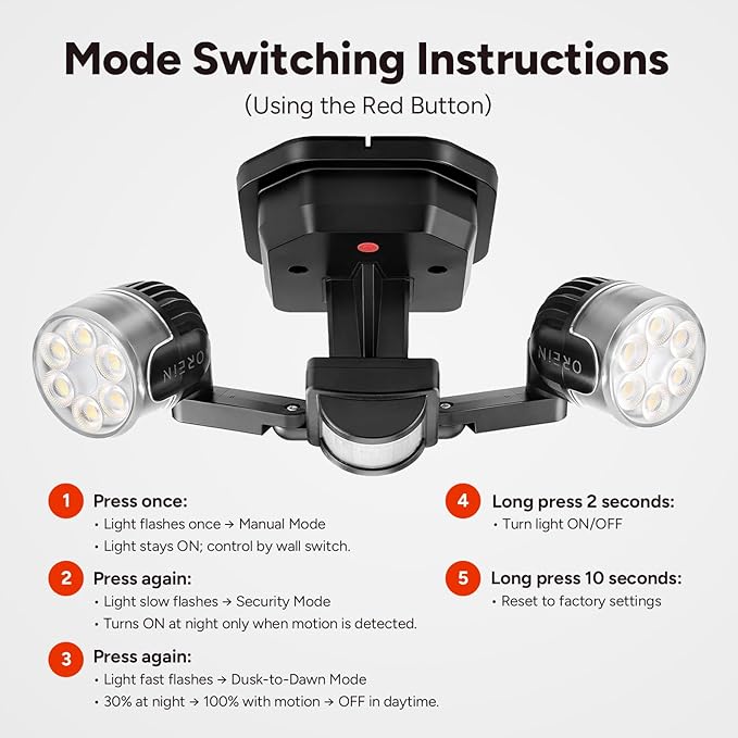 OREiN Motion Sensor Outdoor Security Lights, Dual-Head Adjustable LED Flood Lights, 3 Modes (Motion/Manual/Dusk to Dawn), 150W Equivalent, 5000K, IP65 Waterproof, Hardwired, Black (2 Pack)