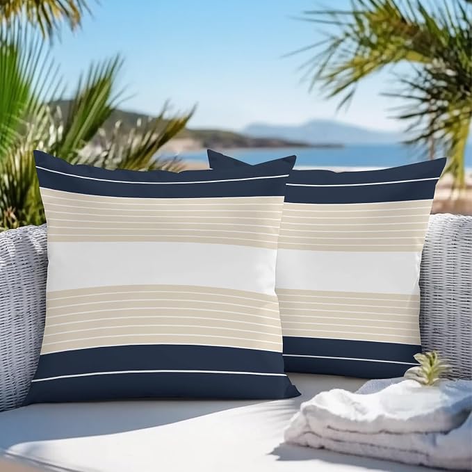 Navy Blue Beige Stripe Outdoor Pillow Covers Waterproof, All Weather Cushion Case Set of 2, Modern Art Horizontal Striped Decorative Pillowcases for Sofa Couch Bed Decor Patio Furniture 18"x18"