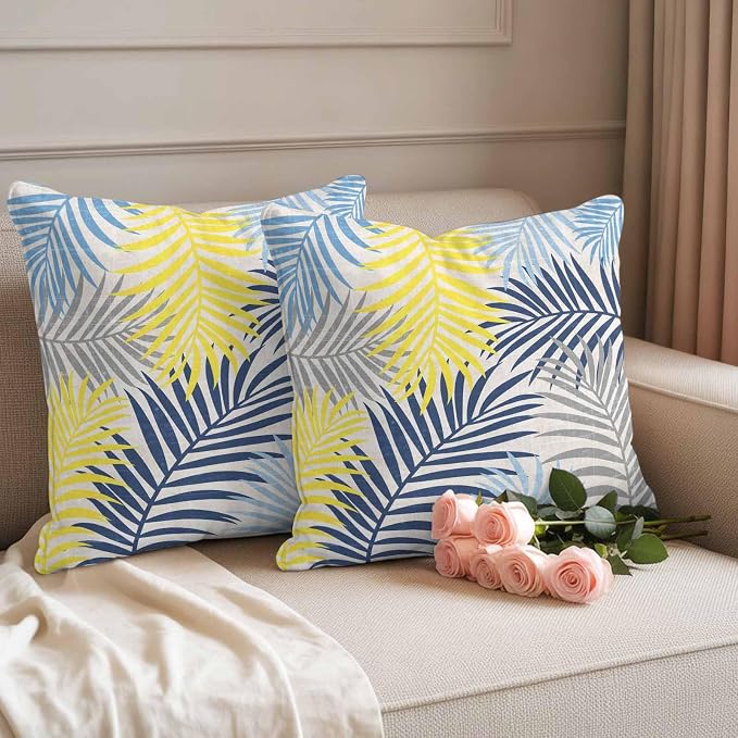 Yellow Blue Palm Leaves Outdoor Pillow Covers 24"x24" Set of 2, Summer Botanical Vintage Tropical Leaf Rustic Waterproof Throw Pillow Covers for Patio Furniture, Decorative Cushion Covers for Porch