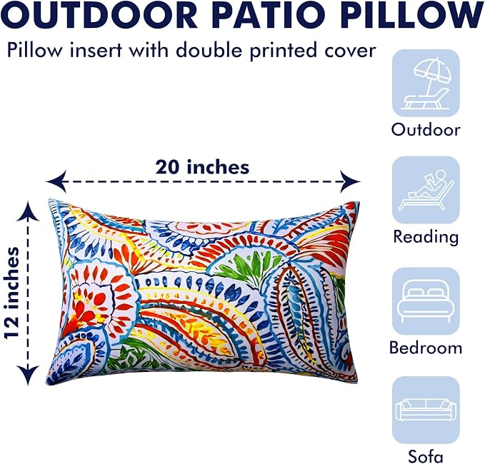 2 Pack Waterproof Outdoor Pillows, 12x20 Outdoor Lumbar Pillows | Patio Furniture Pillows, Decorative Throw Pillows, Waterproof &Fade Resistant, Removable & Washable, Paisley Multi Red