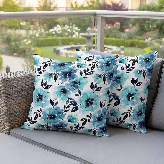 Botanical Floral Leaves Outdoor Waterproof Pillow Covers Pack of 2, Watercolor Painting Blue Gradient Blooms Throw Pillowcases Decorative Cushion Covers for Garden Patio Tent Sofa Couch, 24x24 inch