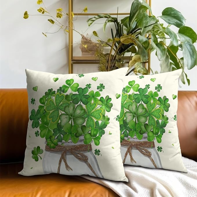 St Patricks Day Pillow Covers 16x16, 2Pcs Set Green Shamrocks Mason Jar Holiday Decorative Pillow Cases Soft Cotton Square Cushion Cover for Bed Sofa Farmhouse Spring Home Decor