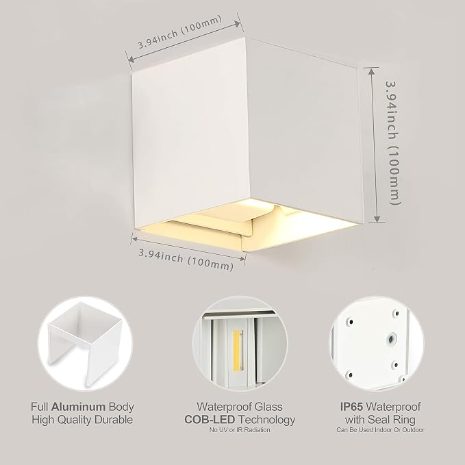 LED Aluminum Square Cube Waterproof White Wall Sconce Outdoor Light Exterior Wall Lighs fixtures Outside for House Patio 6W 100-277V 3000K Angle-Adjustment Warm Light 2LEDS White 6W