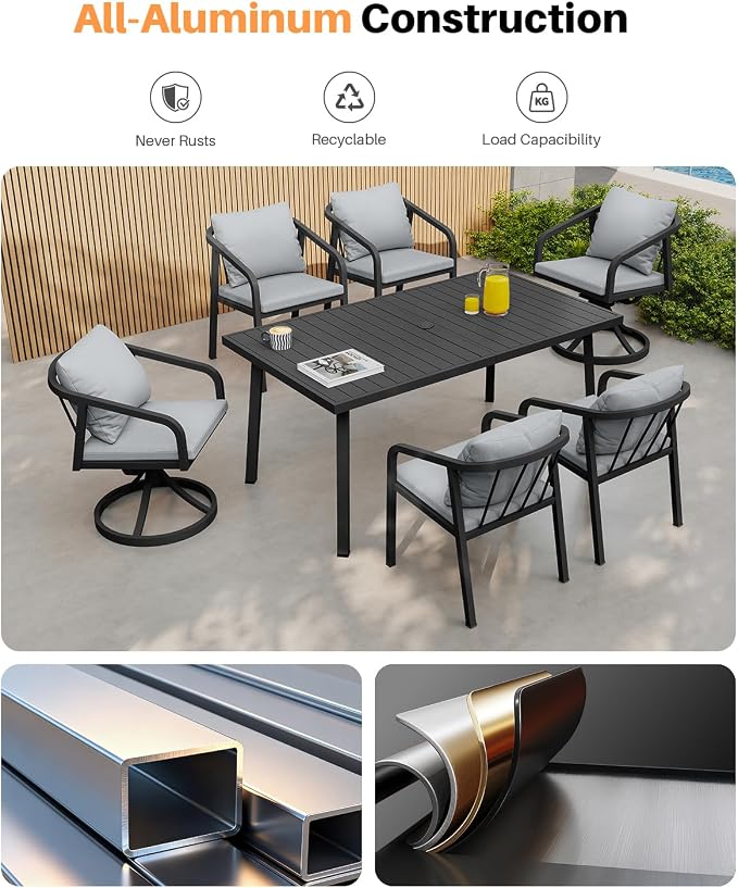 2 Pieces Swivel Patio Chairs, Never-Rust Aluminum Outdoor Dining Chairs with Removable Cushions, Ergonomic Patio Dining Chairs with Wraparound Seating Design for Poolside, Deck, Porch, Black