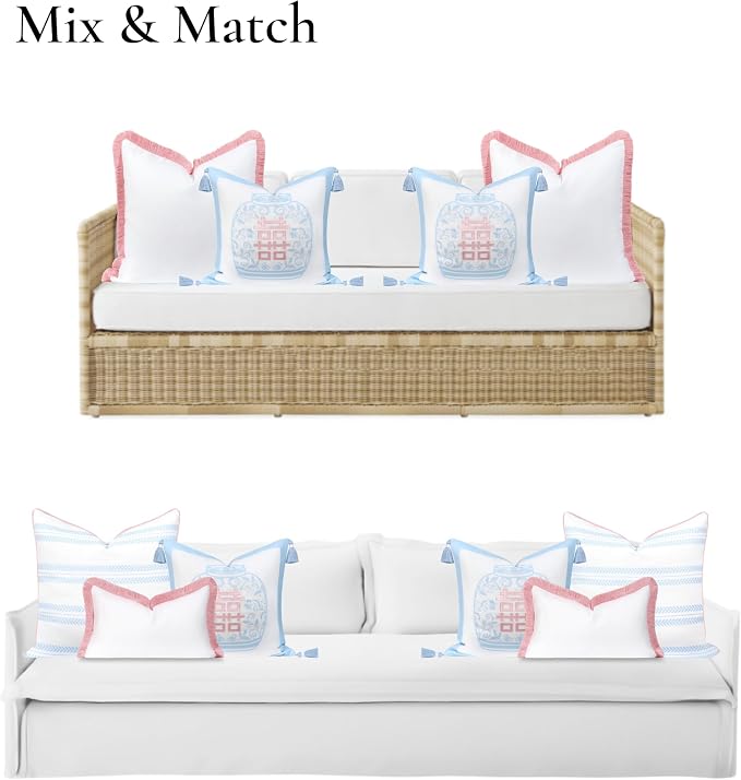 Hofdeco Premium Coastal Grandmillennial Patio Indoor Outdoor Throw Pillow Cover Only, 20"x20" Water Repellent for Backyard, Couch, Poolside, Baby Blue Pink Embroidered Happiness Chinoiserie Vase