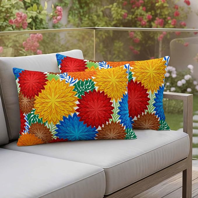 Red Yellow Blue Flowers Outdoor Pillow Covers Waterproof, All Weather Cushion Case Set of 2, Boho Colorful Floral Plant Lumbar Pillowcase for Sofa Couch Bed Decor Patio Furniture 20"x12"