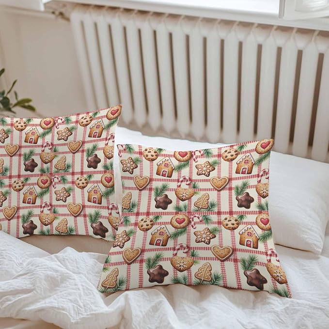Outdoor Waterproof Throw Pillow Covers, Christmas Cartoon Gingerbread Man Plaid Candy Canes Pine Leaves House Pillowcases Cushion Covers Cases for Patio Couch Bench, Pack of 2 Square, 16X16 Inch