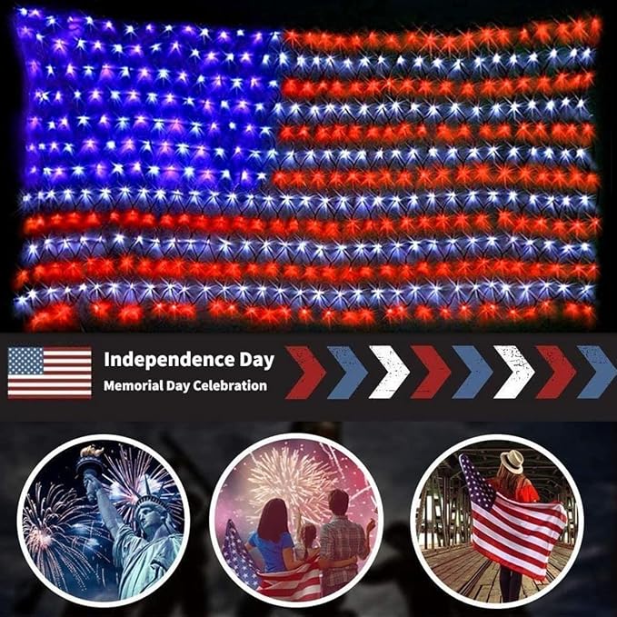 HYH Solar Powered American Flag Lights, 420 LEDs Net Light up Outdoor | Solar Flag Lights Super Bright Leds Waterproof USA Light for 4th of July Yard,Garden,Festival,Holiday,Independence Day Decor