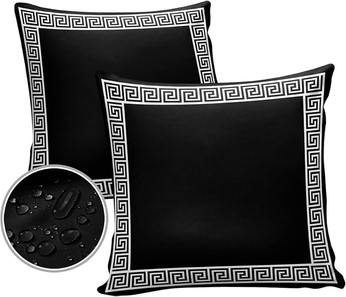 Simple Greek Art Outdoor Pillow Covers Set of 2,Decorative Waterproof Throw Pillow Case, Classic Greece Black White Cotton Linen Soft Cozy Cushion Pillowcases