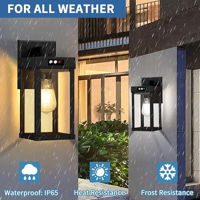 Solar Wall Lights Outdoor with 3 Lighting Modes & Motion Sensor, Solar Porch Light with 2 Bulbs, Waterproof Outdoor Wall Sconce Lantern Lamp Fixture for Garage Porch Shed Barn Yard Garden Front Door